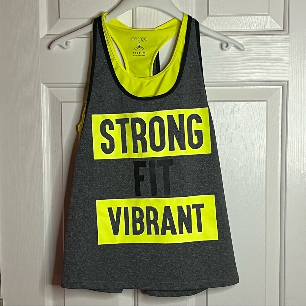 Energie Strong Fit Vibrant Racerback Women's Gray and Neon Yellow Tank Top Sz M